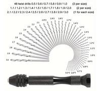 TEMU Mini Taladro Manual de Aluminio con Portabrocas Sin Llave + 48x Brocas de Acero para Herramientas Rotativas y Perforación en Madera