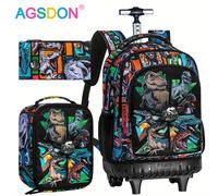 TEMU Mochila con Ruedas de Dinosaurio para Niños, 3 piezas | Negra, , Cierre de Cremallera, Asa Telescópica, Estilo Lindo con de Dibujos Animados