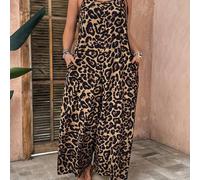 TEMU Mono ancho de moda con estampado de leopardo y bolsillos - Estilo , tirantes anchos, ajuste holgado para mujeres - Ideal para /verano/otoño, tejido de poliéster, ropa casual para vacaciones