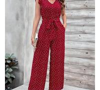 TEMU Mono de Mujer con Estampado de Rojos y Blancos - Cuello en V, con Volantes y Pantalones Anchos, Lavable a Máquina para /Verano, Elegante para Casuales o Formales, Tejido No Elástico y