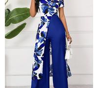 TEMU Mono de mujer con estampado floral y cremallera tipo patchwork de manga corta y cuello , estilo elegante de /verano, ideal para reuniones festivas del Día de , estilo europeo y americano