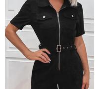 TEMU Mono de para Mujer con Manga Corta y Cremallera al & Cinturón en la Cintura - Sólido, Lavable a Máquina, Casual de Verano Otoño, Diseño de Solapa Entallada, del Tejido
