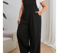 TEMU Mono de pierna ancha de talla grande, estilo casual, tejido de poliéster, color liso, no elástico, sin con bolsillos, para todas .
