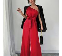 TEMU Mono Elegante con Hombros Descubiertos y Cintura Ajustada con & Pantalones de Pierna Ancha - Conjunto Estiloso para /Verano para Mujeres, Tejido de Poliéster, Lavable a Máquina
