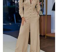 TEMU Mono Elegante de Larga con Cuello en V y Botones - Pantalón Ancho de Color Sólido, Tejido No Elástico Lavable a Máquina para Uso Casual o Formal en /Otoño, Material