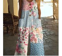 TEMU Mono Vintage para Mujer - Pierna Ancha sin Elástico, Botones Frontales, Estampado Floral y de en Rosa/Azul/, Lavable a Máquina para Fiestas, Playa o Uso Diario - Conjuntos de /Otoño/Verano