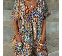 TEMU Monos de mujer con estampado floral bohemio - Cuello en V, cortas, mono de línea A con bolsillos, poliéster para /verano, ropa
