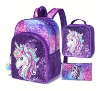 TEMU Moqueta de Unicornio para Niñas, Mochila Infantil y Bonita para de Primaria, Juego de 3 Piezas Mochila, Bolsa para Almuerzo y Estuche