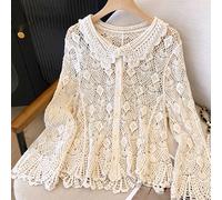 TEMU Mujer Talla Grande Elegante V-Cuello Hueco Tejido Top, Larga Encaje de Crochet Blusa para / Verano - Tela No Elástica, Blusas para Damas
