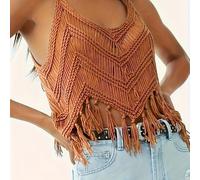 TEMU Mujeres Boho Chic con detalles de borlas y playa - Sin , cuello en V, tejido de crochet con huecos, detalles de borlas naranjas, para salidas .