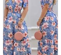 TEMU Mujeres Elegante Estampado Floral Cuello V Mono, Poliéster 100% Pierna Ancha Larga, Verano Casual Fin de , Tejido No Elástico, Ajuste Regular con Cierre de Cintura Elástica