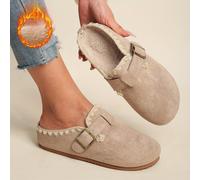 TEMU Mule de felpa para mujer con forro polar - superior de tela y de goma, zapatos tipo moccasin sin cordones con cierre de hebilla