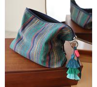 TEMU Neceser de Maquillaje Decorativo con Borlas a Rayas Coloridas y Estilo Étnico, Estuche de Viaje Portátil con Cremallera, Bolsa Interior y Clutch