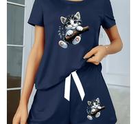 TEMU New Stylish and Cute Cat Print Fashionable Trendy Elegant Comfortable Versatile Casual Outerwear and Innerwear Goodthing Women's 2pcs Set (short-sleeve Top with Bow Shorts)