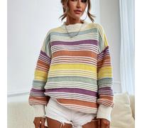 TEMU Nueva Colección de Otoño e Invierno: Suéter moderno a rayas y bloques de color con un diseño juvenil y , con cuello y largas