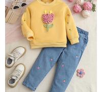 TEMU Nuevos Ropa de Niña de Otoño e Invierno con un Sudadera Amarilla con Diseños Florales 3D y un Conjunto de de Mezclilla con Bordado Floral, para un Look Diario Lindo y , para Exteriores