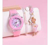 TEMU Oferta Caliente Transfronteriza Reloj de Niñas con Correa de Silicona y Diseño de , Luz LED, Pulsera de Cuentas y Conjunto de 3 Piezas