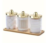 TEMU Organizadores y Almacenamiento para Baño de 3 Piezas con Porta Cepillos, Dispensador de con Bandeja, Tarros Acrílicos Estilo Botica con Tapas, Contenedores para Hilo Dental, Frascos