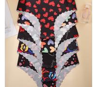 TEMU Pack de 5 - Bragas de Mujer con Estampado de Corazones, Cómodas y Sin Costuras, 1 Braguita con Cintura y Encaje Ondulado para Deportes