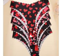 TEMU Pack de 5 Bragas para Mujer con Estampado de Corazones, Cómodas y Sin Costuras con Cintura en V y Encaje Ondulado para Deporte