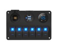 TEMU Panel de Interruptores de Palanca Marinos de 6 Gang 12V, Panel de Interruptores de Palanca LED Azul/ para Barco Coche RV Utv - Con Puerto USB, Encendedor de Coche y Voltímetro, Sin Batería