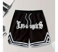 TEMU Pantalones cortos de baloncesto estampados para hombre de Gengyuan, diseñados para uso casual en Los Ángeles, con una cuerda ajustable ligeramente elástica para entrenamientos al el verano