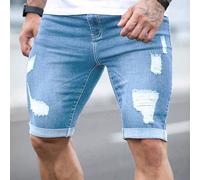 TEMU Pantalones Cortos de Mezclilla Elásticos y Ajustados para Hombre con Diseño Desgastado y Rasgado - Media Muslo, Pantalones Cortos Vaqueros en Azul para Verano, Estilo Casual y Moderno