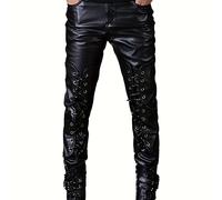 TEMU Pantalones de cuero PU sólido para hombre, pantalones de moto ajustados