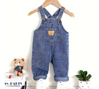TEMU Pantalones de delantal vaqueros azules para niños con un lindo parche de oso, perfectos para un estilo casual de otoño/invierno y geniales para actividades al aire libre