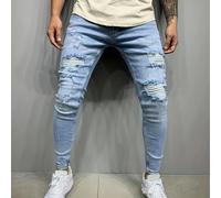 TEMU Pantalones de mezclilla para hombre, moda, nuevos, elásticos, cómodos, corte ajustado, regalos, azul , color medio azul, clásicos modelos de , verano, otoño e invierno