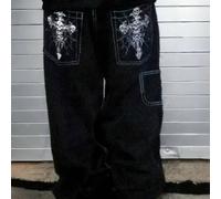 TEMU Pantalones de mezclilla para hombre para patineta, estilo callejero americano de moda para , elásticos, de ajuste holgado, estilo hip-hop, con estampado en el bolsillo trasero, negros