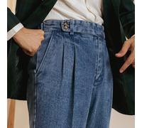 TEMU Pantalones de mezclilla sintética de cintura y pierna para hombre - Cierre elegante con botones, tejido sin elasticidad, corte y entallado para ropa casual de negocios y formal