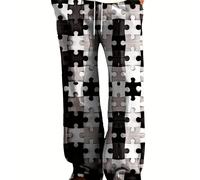TEMU Pantalones de Pijama de Moda para Hombre con Estampado de Rompecabezas en 3D y Negro - Casuales, de Ajuste Holgado, de Poliéster, para Todo el Año con Bolsillos
