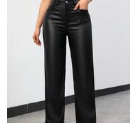 TEMU Pantalones Elegantes de Pierna para Mujer con Bolsillos - Tejido Recubierto en PU de Elasticidad Media, Color Sólido para Uso Casual y Formal, a , Ropa Versátil, Estilo , Material No Transparente