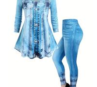 TEMU [Pantalones Estampados - No Tela de de Denim] Conjunto de Ropa de Mujer Popular con Cuello , Largas y Pantalones Largos con Estampado de de Denim