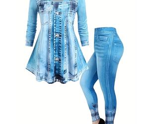 TEMU [Pantalones Estampados - No Tela de de Denim] Conjunto de Ropa de Mujer Popular con Cuello , Largas y Pantalones Largos con Estampado de de Denim