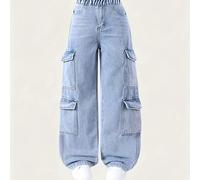 TEMU Pantalones Overol Azul - Estilo Y2K, Diseño Multibolsillos, Cintura Elástica, Pantalones Largos de Moda para Adolescentes, Denim para Niñas, Regalo de Navidad, Outfit Festivo.