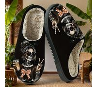 TEMU Pantuflas Góticas de Calavera , con Calavera Sosteniendo una Bebida, a Cuadros y Accesorios de Moda, de Moda , Suaves y Cálidas, Amigables con la Piel, Unisex para