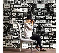 TEMU Papel Tapiz de Casete Retro - Diseño de Disco de Vinilo Removible para Dormitorios, Cafeterías y Tiendas - 17.72x78.74in Papel Decorativo de Estilo Vintage y Negro, Decoración de Disco de Vinilo