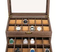 TEMU para Relojes con 24 Ranuras, de Madera de 2 Niveles con Grande de Cristal, Estuche para Reloj, para Reloj con Hebilla para Hombres y Mujeres, Expositora para Relojes, Marrón, 34 * 21 * 15 cm