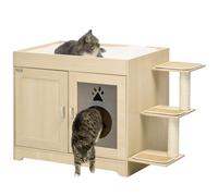 TEMU PawHut Arenero para Gatos de Madera con Mueble Arenero para Gatos con Cama Cojin 3 Plataformas y Postes de Sisal 107x54x70 cm