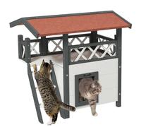 TEMU PawHut Casa para Gatos de Madera 77x50x73 cm Caseta para Gatos de 2 Niveles Refugio para Gatos con Techo Asfaltico Escalera y Balcon para Exterior