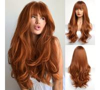 TEMU Peluca Auburn con flequillo para mujer, peluca larga y ondulada de color rojizo, pelucas sintéticas rizadas para uso diario de fiesta para niñas.