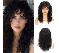 TEMU Peluca Negra de 18 Pulgadas con Flequillo para Mujeres - Cabello Sintético Resistente al , para Uso Diario y Fiestas de Halloween, Rizos Largos