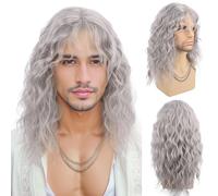 TEMU Peluca Realista de Ondas Acuáticas Grises para Hombres 18" Pieza Central del Cabello con Red Rosa - Fibra Sintética Resistente al , Ideal contra la Alopecia y Uso Diario