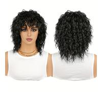 TEMU Peluca Retro de los 70 y 80, Corta y Negra con Flequillo, Peluca Corta de Natural con Flequillo, Estilo Mullet Rockero para Mujeres, Gorra de Red Rosa, para Uso Diario, Fiestas y Cosplay