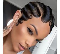 TEMU Peluca sin pegamento de cabello ondulado con dedos 180% de densidad Corte de pelo corto Pelucas de cabello virgen brasileño Varios estilos Peluca de dedos Ola de para Cabello para mujeres