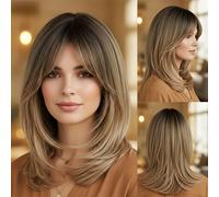 TEMU Peluca Sintética de Largo Medio, Liso, Ombre Marrón, Capas con Flequillo para Mujeres, Cosplay y Uso Diario, Resistente al