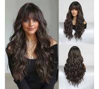 TEMU Peluca sintética para mujer con flequillo , con cabello largo y ondulado en estilo ombre marrón, equipada con una gorra de malla de rosas y de mate de .