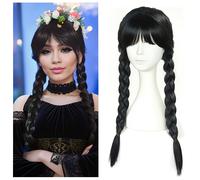 TEMU Peluca sintética trenzada, pelucas negras con flequillo para fiestas de Halloween, natural para cosplay.